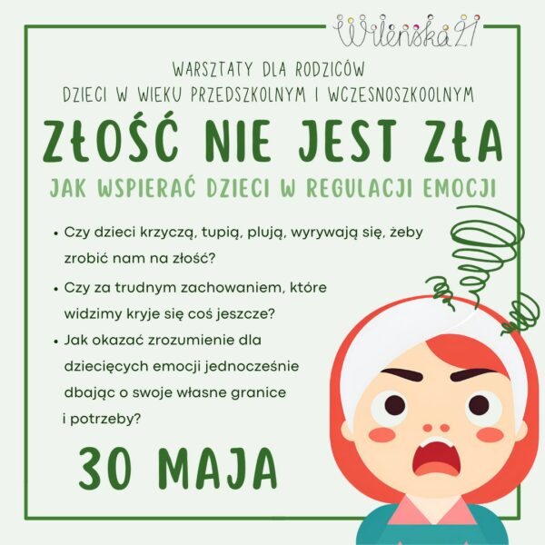 Złość nie jest zła. Jak wspierać dzieci w regulacji emocji. Warsztaty dla rodziców.